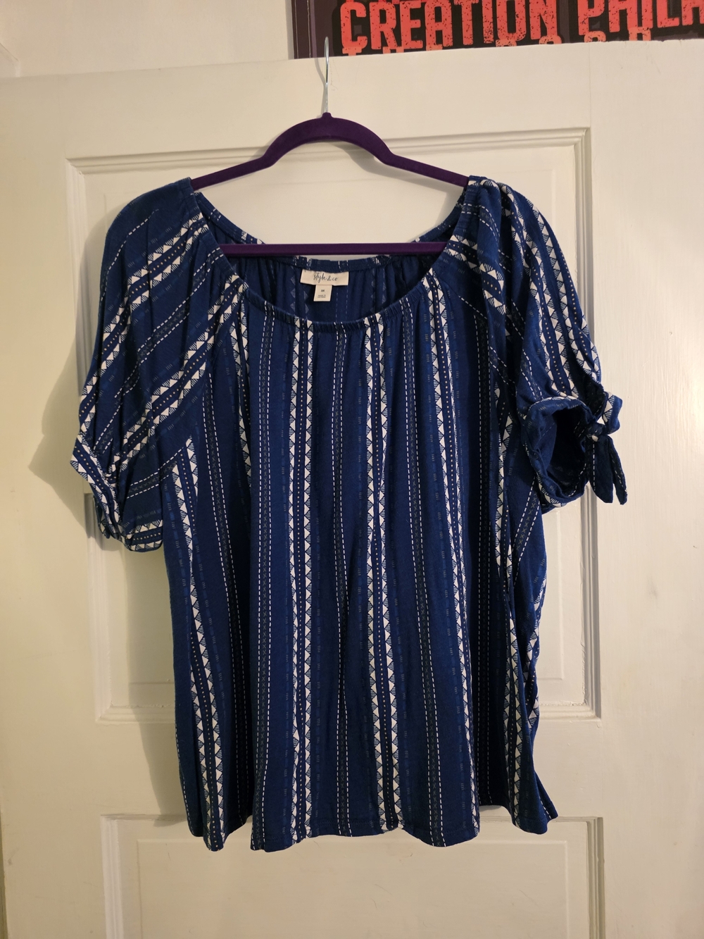 Style & Co. Navy & White Striped Tie-Sleeve Blouse